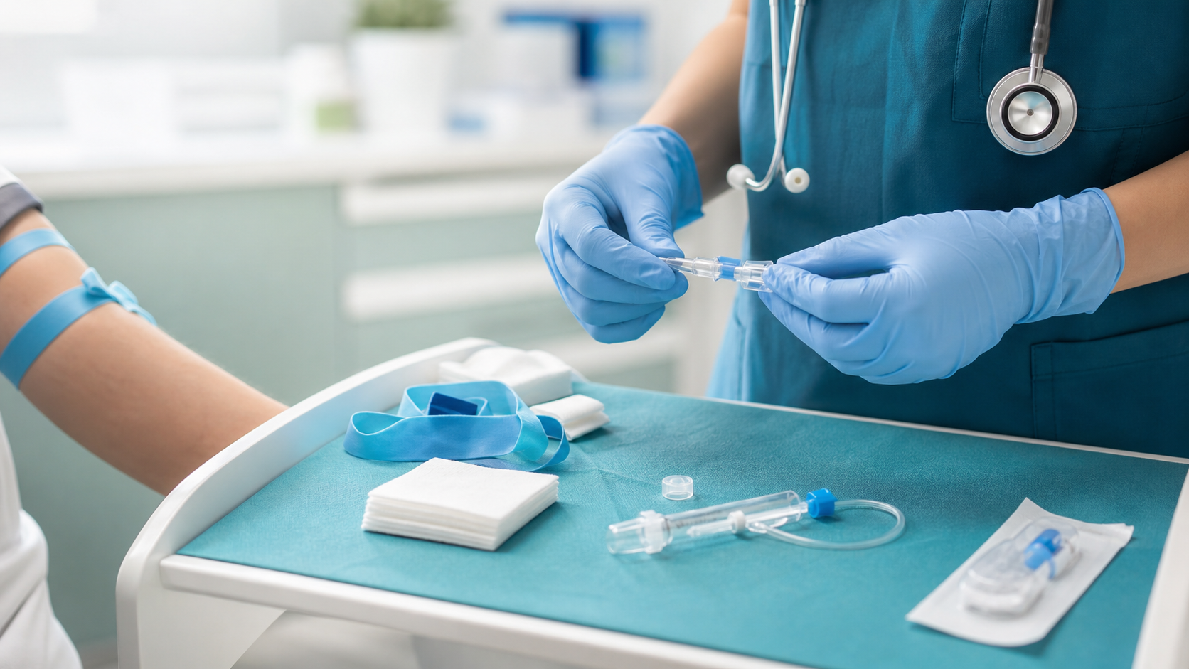 Profissional de enfermagem preparando materiais para punção venosa periférica