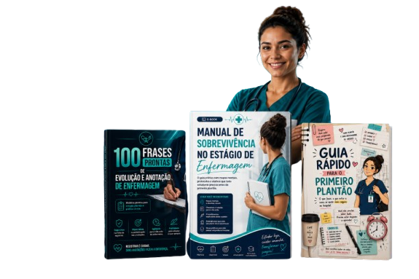 Profissional de enfermagem com os materiais digitais: 100 Frases Prontas, Manual de Sobrevivência no Estágio e Guia Rápido para o Primeiro Plantão
