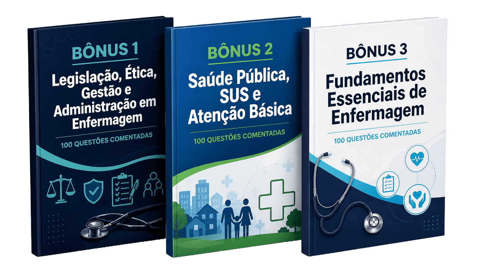 Mockup dos 3 ebooks bônus de questões comentadas em enfermagem